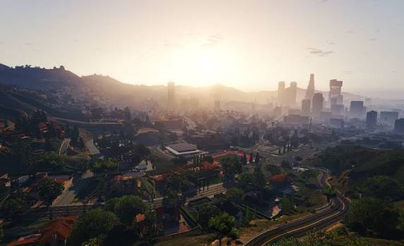 Sunrise over the Los Santos map from the hills